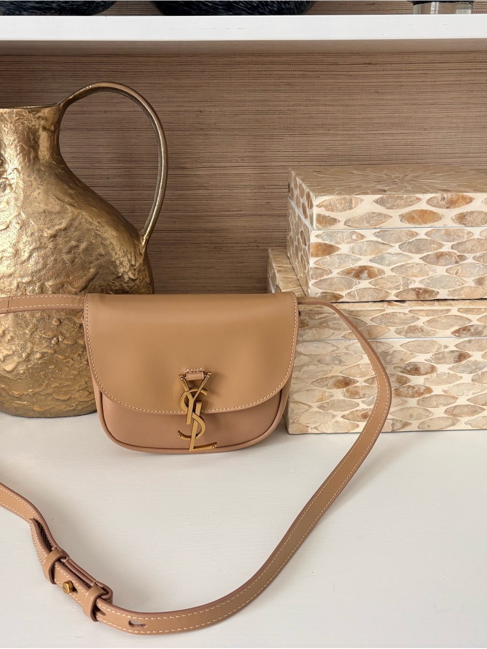 Saint Laurent Tan Leather Envelope Crossbody with Gold YSL Logo - Like New